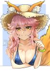  1girl absurdres animal_ear_fluff animal_ears bikini blue_bikini blush breasts cleavage closed_mouth collarbone ears_through_headwear eyebrows_visible_through_hair fate/grand_order fate_(series) fox_ears fox_girl fox_tail hat highres large_breasts light_smile looking_at_viewer pink_hair side-tie_bikini solo straw_hat swimsuit tail tamamo_(fate)_(all) tamamo_no_mae_(swimsuit_lancer)_(fate) tini yellow_eyes 