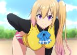  1girl bangs bent_over black_shirt blonde_hair blue_hair blue_ribbon blue_sky blurry blurry_background blush breasts buruma closed_mouth cloud day doyagao dress_shirt eyebrows_visible_through_hair gradient_hair hair_between_eyes hair_ribbon hand_on_hip hanging_breasts highres kawakami_mai large_breasts legs_apart long_hair long_sleeves looking_at_viewer mole mole_under_eye multicolored_hair musaigen_no_phantom_world neck_ribbon outdoors pink_buruma pink_hair purple_eyes ribbon shiny shiny_hair shiny_skin shirt side_ponytail sidelocks sky smile solo standing streaked_hair thighs tree ueyama_michirou v-shaped_eyebrows vest wing_collar yellow_vest 