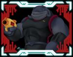  2019 3_fingers alien black_clothing bracelet clothed clothing disney fingers gantu grey_skin holding_object holding_weapon jewelry lilo_and_stitch male muscular muscular_male open_mouth plasma_blaster plasma_gun purple_eyes ranged_weapon rcbrock signature solo uniform weapon 