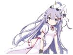  1girl arm_support azur_lane bangs blush breasts bun_cover china_dress chinese_clothes closed_mouth commentary_request dress eyebrows_visible_through_hair hair_between_eyes hair_bun hair_ribbon long_hair looking_at_viewer no_shoes puffy_short_sleeves puffy_sleeves purple_eyes purple_hair purple_ribbon ribbon short_sleeves side_bun simple_background small_breasts smile solo stuffed_alicorn stuffed_animal stuffed_toy sukireto thighhighs unicorn_(azur_lane) unicorn_(spring&#039;s_present)_(azur_lane) very_long_hair white_background white_dress white_legwear wrist_cuffs 
