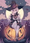  absurdres arie blue_eyes breasts dress halloween hat highres lips long_hair outdoors parororo ponytail pumpkin smile solo starline thighhighs very_long_hair white_hair witch witch_hat 