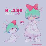  1girl bangs bow character_name creature_and_personification cross dress frills full_body gen_3_pokemon green_hair grey_background hair_bow highres long_sleeves mameeekueya number open_mouth personification poke_ball poke_ball_(generic) pokemon pokemon_(creature) pokemon_number ralts red_bow red_eyes shoes short_hair simple_background sleeves_past_wrists standing twitter_username white_dress white_footwear 