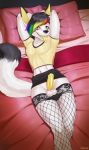  &lt;3 2019 anthro balls banglow bed bedroom bottomwear canid canine clothing digital_drawing_(artwork) digital_media_(artwork) fishnet fishnet_legwear fox girly hair hi_res humanoid_penis legwear lying male mammal open_mouth penis skirt solo stockings tongue 