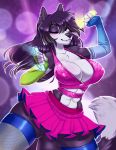  abs alice_hill anthro armwear big_breasts blithedragon bottomwear breasts canid canine canis cleavage clothed clothing dancing domestic_dog ear_piercing ear_ring facial_piercing female glowstick hair hi_res legwear lip_piercing long_hair mammal piercing rave skirt solo 