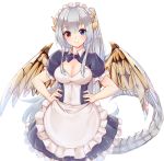  1girl b_b_b_b66 bangs blue_eyes blush breasts cleavage closed_mouth dress heterochromia highres horns ideal_(p&amp;d) long_hair maid miniskirt puzzle_&amp;_dragons red_eyes skirt smile tail very_long_hair white_hair wings 