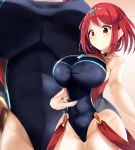  1boy 1girl alicemagic bare_arms black_leotard black_shorts breasts brown_hair covered_navel earrings giantess gradient gradient_background highres holding_person homura_(xenoblade_2) impossible_clothes jewelry large_breasts leotard looking_at_another multiple_views pink_background pov red_eyes red_hair rex_(xenoblade_2) short_hair shorts size_difference smile solo_focus tiara underbust upper_body xenoblade_(series) xenoblade_2 