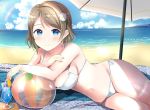  1girl ball beach beach_umbrella beachball bikini blue_eyes blue_sky breasts cleavage cloud collarbone commentary_request cowboy_shot day drink flower grey_hair hair_flower hair_ornament horizon large_breasts lens_flare looking_at_viewer love_live! love_live!_sunshine!! lying morerin navel ocean on_side outdoors rainbow sand short_hair side-tie_bikini sky smile solo swimsuit umbrella watanabe_you wavy_hair white_bikini 