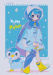  1girl bangs blue_eyes blue_hair blue_umbrella boots character_name cloak creature_and_personification dated full_body highres holding holding_umbrella hood hood_up hooded_cloak long_sleeves looking_at_viewer mameeekueya number outline personification piplup pocket pokemon pokemon_(creature) pokemon_number short_hair standing twitter_username umbrella white_outline yellow_footwear zipper 