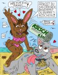  2012 alcohol beach beer beverage breasts canid canine canis detailed_background domestic_dog duo female food german german_text lagomorph leporid mammal outside rabbit sand seaside ship sky text unknown_artist vehicle 