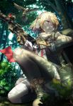  1girl bird blonde_hair boots commentary_request eagle forest girls_frontline gloves headphones headset id_card magazine_(weapon) nature red_eyes reloading scope scw_(girls_frontline) scw_(gun) thighhighs vikpie 