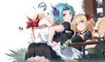  1girl animal_ears b_b_b_b66 blonde_hair blue_eyes blue_hair braid breasts closed_mouth dress green_eyes highres horns long_hair maid mariel_(wild_arms) puzzle_&amp;_dragons short_hair smile tail wings 