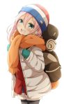  1girl :d absurdres aikawa_ryou backpack bag bangs beanie black_legwear blue_shirt blush brown_scarf commentary_request cowboy_shot eyebrows_visible_through_hair gloves green_eyes green_gloves hair_between_eyes hat highres holding_strap jacket kagamihara_nadeshiko legwear_under_shorts long_hair long_sleeves looking_at_viewer multicolored multicolored_clothes multicolored_hat open_clothes open_jacket open_mouth pantyhose pink_hair red_jacket round_teeth scarf shirt short_shorts shorts simple_background smile solo teeth upper_teeth white_background white_jacket white_shorts yurucamp 