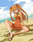  beach blue_eyes dress graphite_(medium) kikuta_kouichi long_hair neon_genesis_evangelion ocean red_hair sandals souryuu_asuka_langley traditional_media twintails 