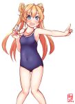  1girl abukuma_(kantai_collection) alternate_costume artist_logo ass_visible_through_thighs blonde_hair blue_eyes blue_swimsuit breasts commentary_request competition_school_swimsuit covered_navel dated double_bun feet_out_of_frame hair_rings highres index_finger_raised kanon_(kurogane_knights) kantai_collection long_hair looking_at_viewer open_mouth school_swimsuit simple_background small_breasts solo standing swimsuit tears wavy_mouth whistle whistle_around_neck white_background 