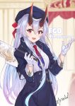  1girl anniversary bangs beret blue_capelet blue_headwear blue_skirt blurry blurry_background bow breasts capelet commentary_request copyright_name depth_of_field eyebrows_visible_through_hair fate/grand_order fate_(series) flag gloves hair_between_eyes hair_bow hands_up hat heroic_spirit_chaldea_park_outfit high-waist_skirt highres holding holding_flag horns indoors long_hair long_sleeves oni oni_horns red_bow red_eyes shirt sidelocks signature silver_hair skirt small_breasts solo standing tapioka_(oekakitapioka) tomoe_gozen_(fate/grand_order) very_long_hair white_gloves white_shirt 