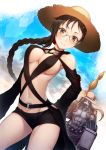  1girl bangs banned_artist blush breasts brown_hair cleavage closed_mouth collarbone consort_yu_(fate) ear_piercing earrings fate/grand_order fate_(series) heroic_spirit_chaldea_park_outfit jewelry kyoeiki large_breasts long_hair looking_at_viewer multiple_earrings navel piercing smile solo thighs very_long_hair 