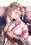 1girl aerial_fireworks bangs blonde_hair blurry blurry_background blush braid breasts brown_eyes closed_mouth cloud commentary_request depth_of_field djeeta_(granblue_fantasy) eyebrows_behind_hair fireworks floral_print flower granblue_fantasy hair_between_eyes hair_flower hair_ornament hands_up highres holding holding_hair japanese_clothes kimono long_sleeves milli_little night night_sky obi pink_flower pink_kimono print_kimono sash sky small_breasts smile solo twin_braids upper_body white_flower wide_sleeves yukata 