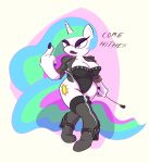  2019 anthro bodysuit boots breasts clothed clothing digital_media_(artwork) english_text equid female footwear friendship_is_magic hair hi_res horn jacket jeanne_droue leather leather_jacket long_hair mammal my_little_pony pinup pose princess_celestia_(mlp) skimpy skinsuit solo standing text tight_clothing toony topwear unicorn walking 