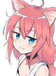  1girl ahoge animal_ear_fluff animal_ears bangs bare_shoulders black_choker blue_eyes blush cat_ears choker collarbone commentary_request eyebrows_visible_through_hair hair_between_eyes highres hinata_channel kirikan long_hair looking_at_viewer nekomiya_hinata parted_lips pink_hair simple_background smile solo tank_top upper_body virtual_youtuber white_background white_tank_top 