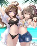  2girls ahoge ashigara_(kantai_collection) bangs bikini blush breasts brown_hair cleavage day denim denim_shorts double_bun eyebrows_visible_through_hair fang floral_print giraffe_(ilconte) hair_ornament hair_scrunchie hairband headgear highres kantai_collection kongou_(kantai_collection) long_hair medium_breasts multiple_girls navel ocean open_mouth outdoors ponytail scrunchie shorts signature skin_fang swimsuit twitter_username water wristband 