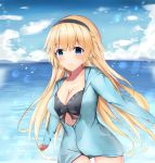  1girl bangs beach bikini black_bikini black_bow black_hairband blonde_hair blue_eyes blue_jacket blue_sky blush bow braid breasts cleavage cloud commentary_request eyebrows_visible_through_hair fate/apocrypha fate/grand_order fate_(series) hairband headpiece highres jacket jeanne_d&#039;arc_(fate) jeanne_d&#039;arc_(fate)_(all) large_breasts long_hair long_sleeves looking_at_viewer outdoors single_braid sky smile solo swimsuit taikoi7 very_long_hair water 