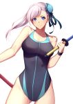  1girl absurdres asymmetrical_hair bangs bare_shoulders black_ribbon black_swimsuit blue_eyes blue_swimsuit blush breasts bun_cover cleavage collarbone commentary_request competition_swimsuit cowboy_shot dual_wielding fate/grand_order fate_(series) fifty1202 fighting_stance hair_bun hair_ornament hair_ribbon highleg highleg_swimsuit highres holding large_breasts long_hair looking_at_viewer miyamoto_musashi_(fate/grand_order) one-piece_swimsuit pink_hair pose ribbon shiny shiny_hair side_ponytail smile solo swept_bangs swimsuit sword toy_sword two-tone_swimsuit weapon white_background wristband 