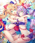  2girls :d ahoge alternate_costume alternate_hairstyle armband ass azur_lane bandeau bare_legs bare_shoulders bikini blonde_hair blue_background blue_bow blush bow breasts butt_crack collarbone commentary_request cross cross_earrings earrings feet_out_of_frame frilled_bikini frills green_eyes hair_bow hair_intakes hug jewelry l&#039;opiniatre_(azur_lane) l&#039;opiniatre_(magical_summer)_(azur_lane) le_temeraire_(azur_lane) leg_garter long_hair manicure medium_breasts multiple_girls nail_polish navel open_mouth orange_nails polka_dot polka_dot_background purple_bikini purple_hair red_bow red_nails riichu sidelocks small_breasts smile stomach strapless strapless_bikini swimsuit thigh_strap thighs twintails very_long_hair 