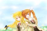  2girls black_ribbon blonde_hair blue_eyes blush cloud cloudy_sky couple fate_testarossa flower grass hair_ribbon hand_in_another&#039;s_hair happy highres kerorokjy long_hair looking_at_another lyrical_nanoha mahou_shoujo_lyrical_nanoha mahou_shoujo_lyrical_nanoha_a&#039;s multiple_girls neck_ribbon red_eyes red_ribbon ribbon school_uniform side_ponytail skirt sky smile takamachi_nanoha thighs uniform very_long_hair white_ribbon yuri 
