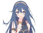  1girl blue_eyes blue_hair blush fire_emblem fire_emblem_awakening fire_emblem_cipher food hair_between_eyes ice_cream long_hair looking_at_viewer lucina_(fire_emblem) ryon_(ryonhei) simple_background solo super_smash_bros. swimsuit tiara 