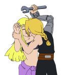  blonde_hair clothed clothing duo edward_elric female fullmetal_alchemist hair hi_res human kissing male male/female mammal midriff not_furry winry_rockbell 