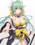  1girl absurdres bangs bare_shoulders bikini bikini_under_clothes black_cola bow breasts cleavage closed_mouth cowboy_shot dragon_horns eyebrows_visible_through_hair fate/grand_order fate_(series) fingernails gradient gradient_background green_eyes green_hair grey_background hair_between_eyes hair_bow heart heart-shaped_pupils highres holding horns japanese_clothes kimono kiyohime_(fate/grand_order) kiyohime_(swimsuit_lancer)_(fate) long_hair long_sleeves medium_breasts obi off_shoulder outstretched_arm sash smile solo swimsuit symbol-shaped_pupils very_long_hair white_background white_kimono wide_sleeves yellow_bikini yellow_bow 