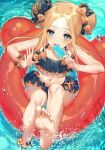  1girl :d abigail_williams_(fate/grand_order) bangs bare_legs bare_shoulders barefoot bikini black_bikini black_bow blonde_hair blush bow commentary_request day double_bun emerald_float eyebrows_visible_through_hair fate/grand_order fate_(series) feet food forehead hair_bow highres holding holding_food innertube kinty long_hair looking_at_viewer lying navel on_back open_mouth orange_bow outdoors parted_bangs polka_dot polka_dot_bow popsicle round_teeth sidelocks smile soles solo swimsuit teeth upper_teeth water water_surface 