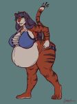  anthro big_breasts breasts clothing felid female greasymojo hi_res huge_breasts looking_at_viewer mammal open_mouth pantherine pregnant solo standing thick_thighs tiger tight_clothing 
