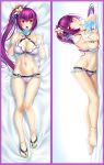  alternate_costume anklet bed bikini blue_nails bracelet breasts cleavage commentary_request dakimakura eating fate/grand_order fate_(series) flower food fur_cuffs hair_flower hair_ornament highres jewelry large_breasts nail_polish offering okitakung ponytail popsicle purple_hair red_eyes sandals scathach_(fate)_(all) scathach_skadi_(fate/grand_order) swimsuit toenail_polish 