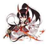  1girl absurdres armor black_hair chibi highres japanese_armor japanese_clothes kimono koi_han long_hair obi onmyoji onmyouji ootachi red_eyes sash solo sword very_long_hair weapon yellow_eyes youtouhime 