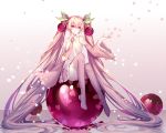  1girl bare_shoulders cherry cherry_blossom_print cherry_blossoms cherry_hair_ornament commentary detached_sleeves flower food food_themed_hair_ornament fruit full_body hair_ornament hand_up hatsune_miku highres kazenemuri long_hair looking_to_the_side necktie petals pink_eyes pink_hair pink_legwear pink_neckwear pink_sleeves sakura_miku shirt shoulder_tattoo sitting skirt sleeveless sleeveless_shirt solo symbol_commentary tattoo thighhighs twintails very_long_hair vocaloid white_shirt 