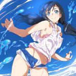  1girl amano_hina_(tenki_no_ko) armpits ass_visible_through_thighs bangs bare_arms bare_shoulders black_hair blue_eyes blue_shorts blue_sky blush bra breasts closed_mouth commentary_request covered_nipples cowboy_shot day denim denim_shorts eyebrows_visible_through_hair from_below highres leaning_forward long_hair looking_at_viewer looking_down low_twintails medium_breasts navel niko_(tama) no_panties open_fly outdoors pink_bra pussy_peek short_shorts shorts sky smile solo splashing tareme tears tenki_no_ko twintails underwear vest water white_vest 