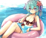  1girl aqua_hair bare_arms bare_legs bare_shoulders bikini black_bikini blue_eyes blush breasts cleavage collarbone commentary_request eyebrows_visible_through_hair feet_out_of_frame flower frown highres horns in_water innertube kumakou lapis_(sennen_sensou_aigis) lying medium_breasts prince_(sennen_sensou_aigis) red_flower sennen_sensou_aigis solo swimsuit 