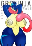  2019 amphibian anthro big_breasts big_nipples biped breasts digital_media_(artwork) female frog greninja half-closed_eyes hands_behind_head hi_res huge_breasts large_areolas long_tongue navel nintendo nipples nude pok&eacute;mon pok&eacute;mon_(species) seductive simple_background solo standing text thick_thighs tongue tongue_out video_games wide_hips xaust 