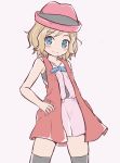  1girl bangs bare_arms bare_shoulders black_legwear blonde_hair blue_bow blue_eyes blush bow brown_background closed_mouth collarbone dress eyebrows_visible_through_hair hand_on_hip hat jacket nekono_rin open_clothes open_jacket pink_dress pokemon pokemon_(game) pokemon_sm red_headwear red_jacket serena_(pokemon) simple_background sleeveless sleeveless_jacket smile solo thighhighs 