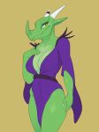  absurd_res anthro breasts clothed clothing female hi_res horn looking_at_viewer neracoda scalie simple_background smile solo standing 