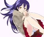  1girl bangs blue_hair blush bonfurai coat commentary_request hair_between_eyes long_hair long_sleeves looking_at_viewer love_live! love_live!_school_idol_project panties pantyshot parted_lips petals red_skirt simple_background skirt smile solo sonoda_umi underwear white_background white_panties yellow_eyes 