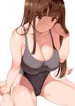  1girl bangs bare_shoulders blunt_bangs breasts brown_eyes brown_hair cleavage closed_mouth collarbone feet grey_swimsuit hand_in_hair highleg highleg_swimsuit large_breasts long_hair looking_at_viewer one-piece_swimsuit original saburou_(hgmg) simple_background sitting smile solo swimsuit thighs wariza white_background 