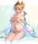 1girl blonde_hair blue_eyes bow_(bhp) breasts closed_mouth collarbone covering covering_breasts europa_(granblue_fantasy) eyebrows_visible_through_hair granblue_fantasy looking_at_viewer medium_breasts partially_submerged short_hair sitting smile solo thighs tiara topless wariza water 