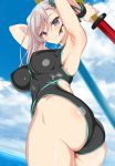  1girl armpits arms_behind_head arms_up ass bangs bare_shoulders black_ribbon black_swimsuit blue_eyes blue_sky blue_swimsuit blush breasts bun_cover closed_mouth fate/grand_order fate_(series) hair_between_eyes hair_bun hair_ribbon highleg highleg_swimsuit highres kure_masahiro large_breasts long_hair looking_at_viewer miyamoto_musashi_(fate/grand_order) ocean one-piece_swimsuit pink_hair ribbon sky smile solo swept_bangs swimsuit toy_sword two-tone_swimsuit wristband 