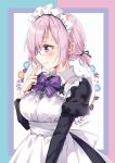  1girl alternate_costume apron arm_at_side blush bow enmaided fate/grand_order fate_(series) glasses hand_up juliet_sleeves long_sleeves maid maid_apron maid_headdress mash_kyrielight nyanya puffy_sleeves purple_bow purple_eyes purple_hair short_hair simple_background solo standing twitter_username 