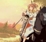  1girl alternate_costume animal aquila_(kantai_collection) arrow bangs bitchcraft123 blush bow_(weapon) breasts closed_mouth evening eyebrows_visible_through_hair hair_ornament hairclip holding holding_bow_(weapon) holding_weapon horse horseback_riding kantai_collection large_breasts long_sleeves mountain orange_hair outdoors ponytail quiver riding river sheath sheathed sky solo sword tree water weapon 