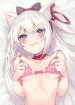  1girl animal_ear_fluff animal_ears azur_lane bangs bed_sheet bell blue_eyes blush bow bra bra_pull breasts cat_ears collar commentary_request embarrassed eyebrows_visible_through_hair grimace hair_between_eyes hair_bow hair_ribbon hammann_(azur_lane) highres long_hair looking_at_viewer lying on_back one_side_up pink_bra pokachu pulled_by_self red_collar red_ribbon ribbon ribbon_bra small_breasts solo sweat underwear white_hair 