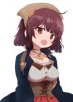  1girl ahoge atelier_(series) atelier_sophie breasts brown_eyes collared_coat corset fang head_scarf jewelry looking_at_viewer medium_breasts necklace open_mouth short_hair simple_background solo sophie_neuenmuller sumiyao_(amam) underbust upper_body white_background 