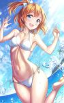  1girl bangs bikini birthday blue_eyes blush breasts cleavage cloud cloudy_sky commentary_request eyebrows_visible_through_hair hair_ribbon highres kousaka_honoka looking_at_viewer love_live! love_live!_school_idol_project medium_breasts ocean one_side_up orange_hair palm_tree ribbon sasurai_(kijitora713) short_hair sky solo swimsuit tree 